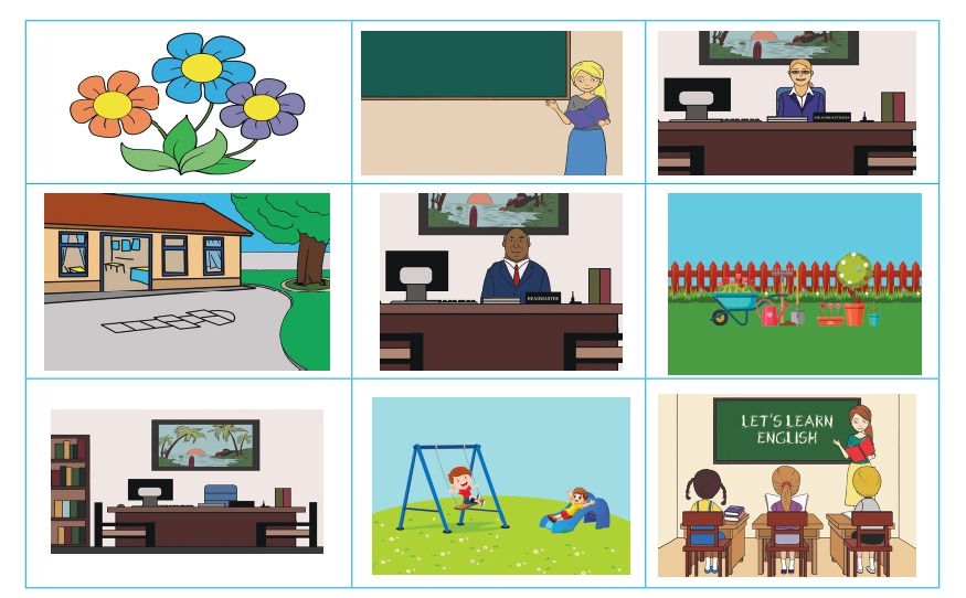 Neuf scènes des différentes parties de l'école : fleurs, tableau, bureau du directeur, cour, jardin, bibliothèque, aire de jeux, classe